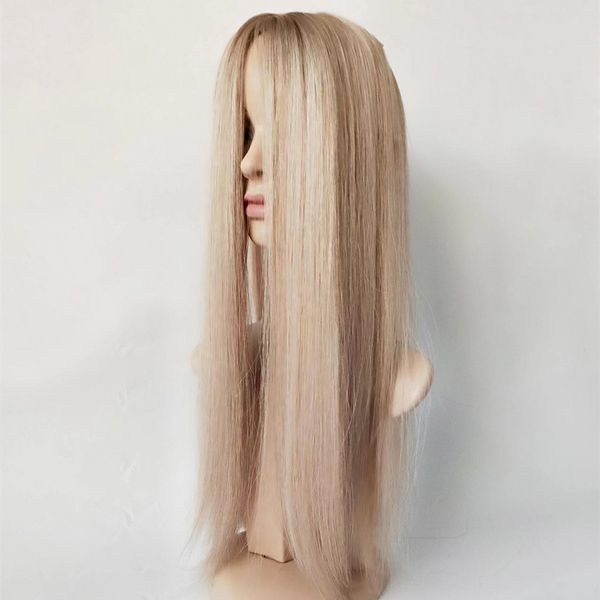 

stock t10-22/10# blonde highlights kosher jewish wigs dark root small layer mongolian human hair 4*4 silk 140% density sheitels, Black;brown