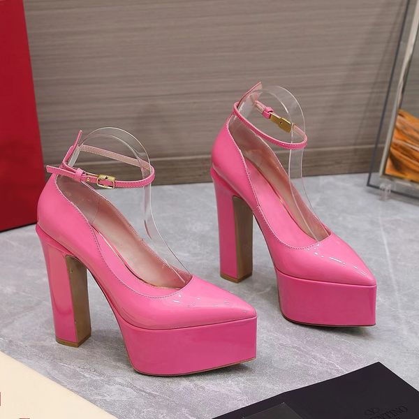 

fashion dress shoes high heels patent leather platform heels 15.5cm thick soles women luxury designer sandals comfort ankle strap pointed fa, Black