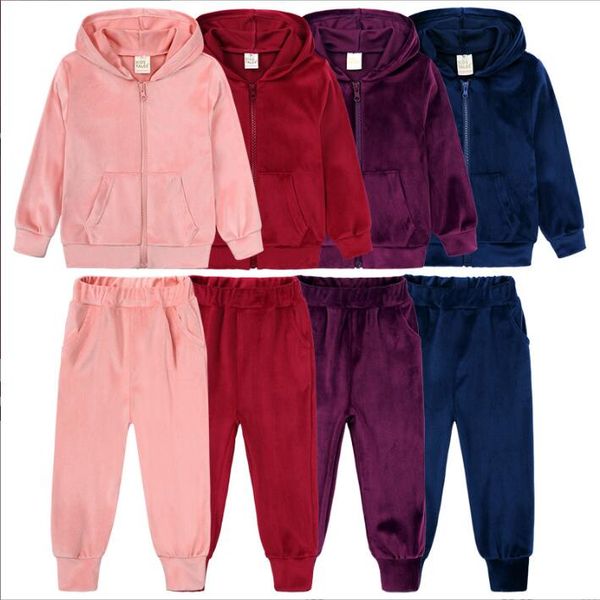 

baby clothes boys girls clothing sets big kids autumn winter velvet hoodies pants suits solid casual fashion fleece hoodes coat trousers out, White