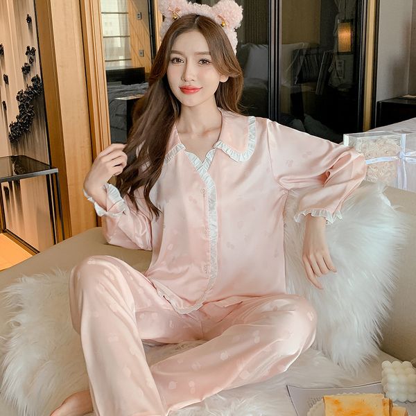 

womens sleepwear lisacmvpnel pajamas autumn ice silk thin long sleeve suit satin pyjamas 230227, Black;red