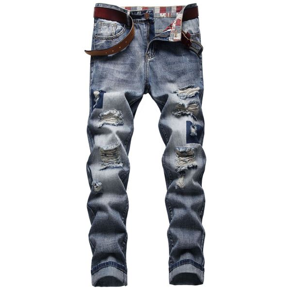 

men's jeans streetwear ripped skinny for hip hop fashion destroyed hole pants trend retro slim male stretch denim trousers 230227, Blue