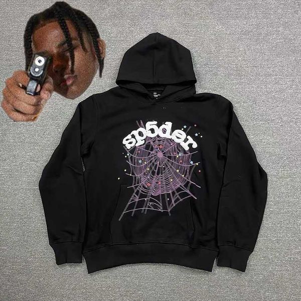 

men's hoodies sweatshirts designer white foam sp5der hoodie men women purple cobweb young thug spider 555555 pulloversky5e, Black
