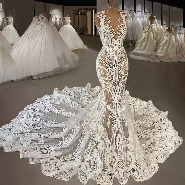

2023 iovry lace mermaid wedding dresses sheer jewel neck appliqued country bridal party gowns vestidos de novia, White