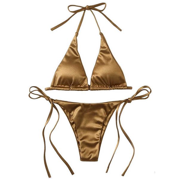 

G Strings Sexy BikiniSexy Women' Metallic Halter Top Two Piece Swimsuit Tie Side Triangle Summer Solid Bathing Suit Beachwear Set, Brown