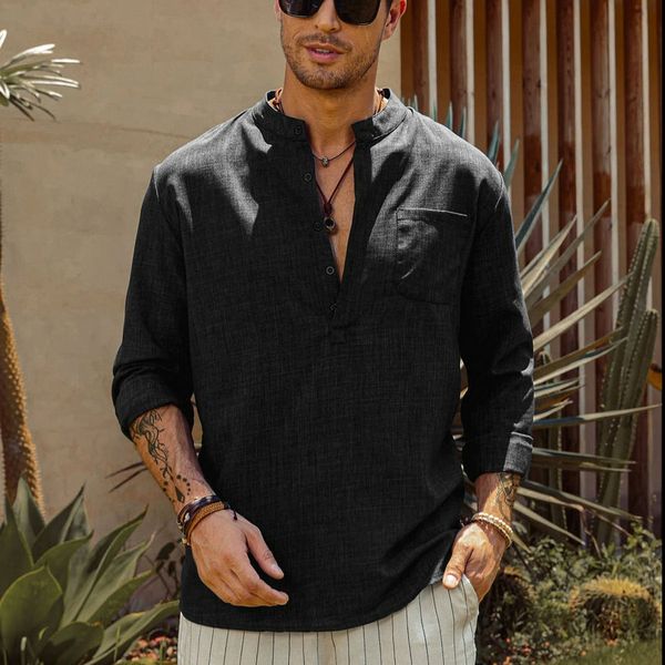 

men's casual shirts eewoldia blouse cotton linen loose long sleeve tee spring autumn handsome henley 230227, White;black