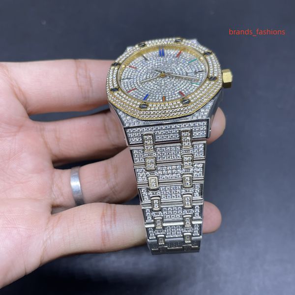 

2023ice diamond watch shiny case 42mm automatic watches two tone silver gold diamonds steel glass back men's watch