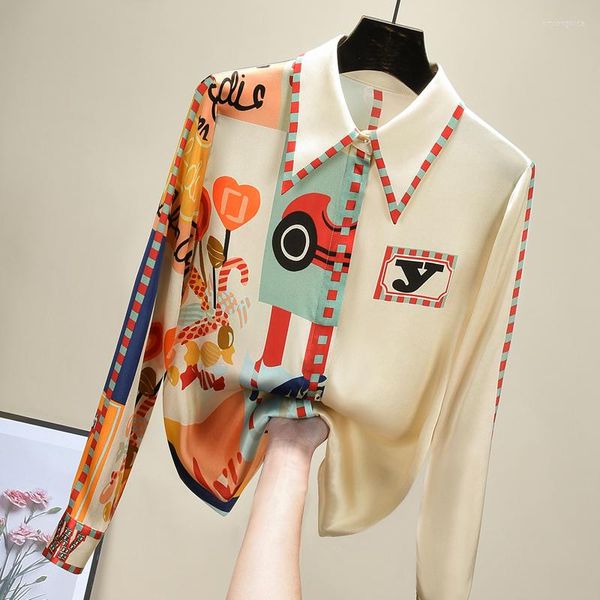 

Women's Blouses Elegant Print Silk Blouse Women Korean Long Sleeve Shirt Modis Tops 2023 Arrival, Beige