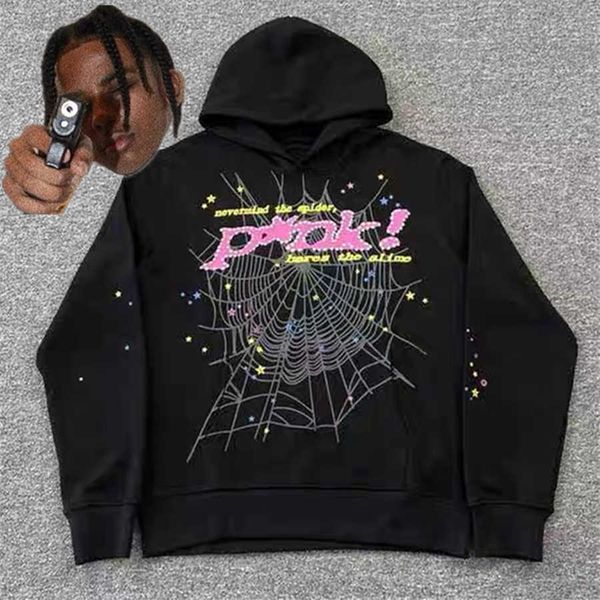 

designer men's hoodies sweatshirts pink puff print web young thug spider hoodie men women hip-hop sp5der 555555 heavy fabric pulloversu, Black