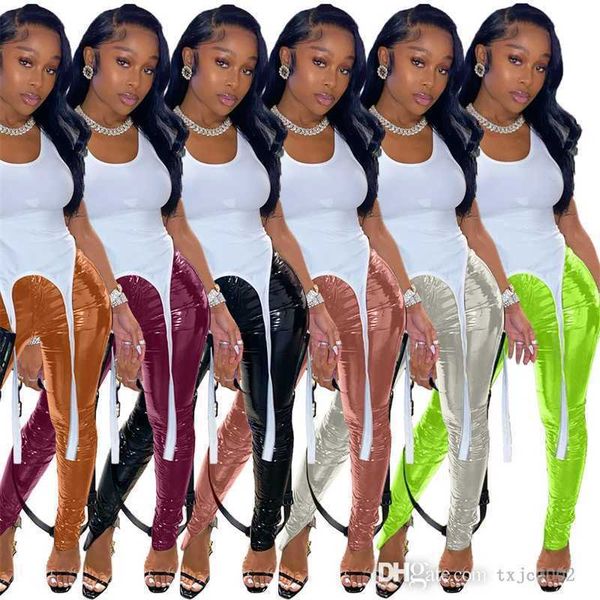 

s-xxl women bright leather pants 2023 new trend autumn winter leggings slim slit high waisted skinny solid trousers, Black;white