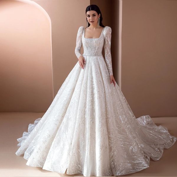 

2023 luxurious noble ball gown wedding dresses square long sleeves lace large trailing bridal gowns, White