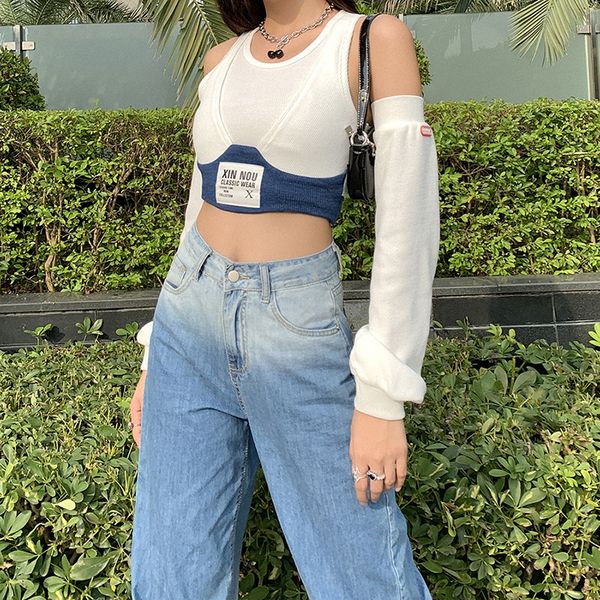 

fashion women's t-shirt patchwork women t-shirt new style off shoulder rib knitted letter slim wild streetwear female top, White