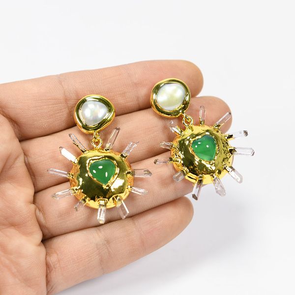 

green agate dangle heart shaped gold plated quartz druzy dangle earrings cultured white pearl stud simple lady gifts, Silver
