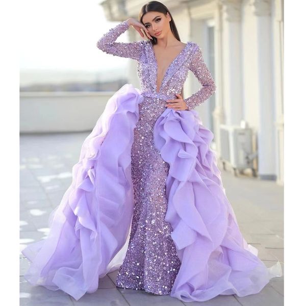 

deep v neck evening dresses mermaid gowns sequin sparkle long sleeve prom dress with detachable train ladies vestido de novia 2023, Black;red