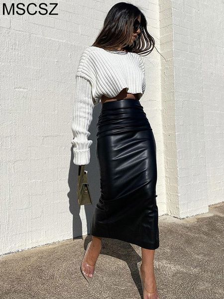 

skirts black faux leather high waist ruched long elegant bodycon pencil autum winter 2023 230225