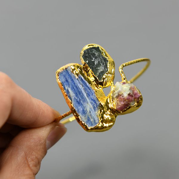 

natural beaded chakras and crystals blue kyanite bangle gold plated rough tourmaline paved 24k cuff bracelet women party jewelry, Black