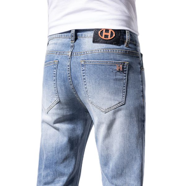 

men's jeans spring summer thin slim fit european american high-end brand small straight double f pants q9545-2, Blue