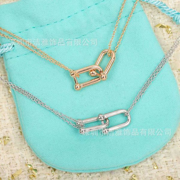 

high-quality 925 sterling silver hardwear double buckle necklace female personality tiffay chain clavicle couple short, Golden;silver