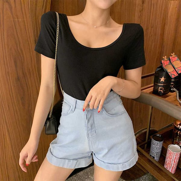

t-shirt 2023 new double u-neck black women's short sleeve korean tight solid color 003, White