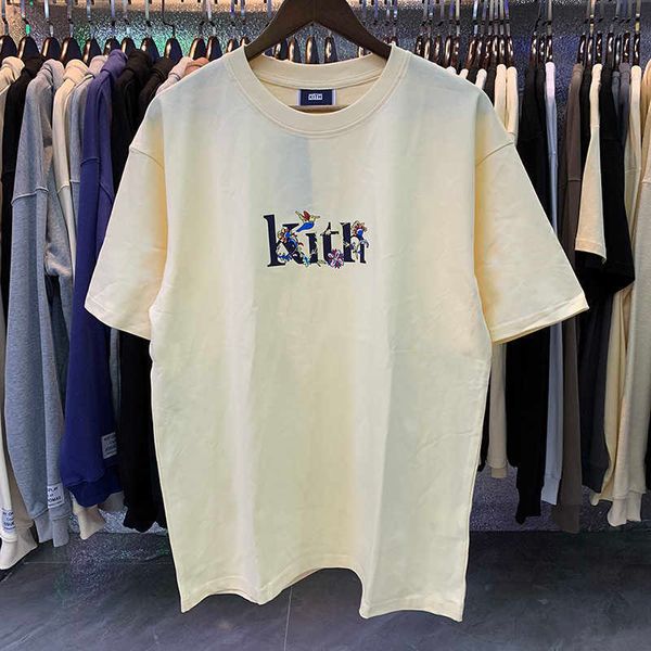 

2022SS Black White Apricot Casual KITH Tee Men Women 1 Classic Flower Bird Print Kith T Shirt Loose Short Sleeve With Tag h3, 7_color
