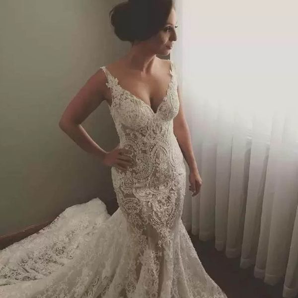 

elegant lace mermaid wedding dress applique wedding dresses backless mermaid v neck bridal gowns for wedding, White