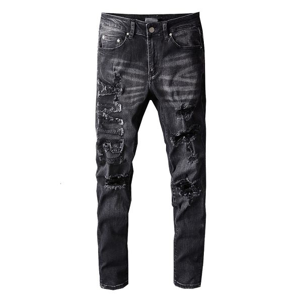 

men's jeans gray distressed streetwear fashion slim embroidered letters damage skinny stretch ripped pants for men 230227, Blue