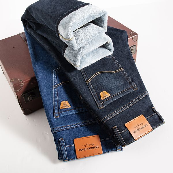 

men's jeans classic style winter fleece warm straight business fashion cotton denim stretch pants thick trousers male black blue 230227