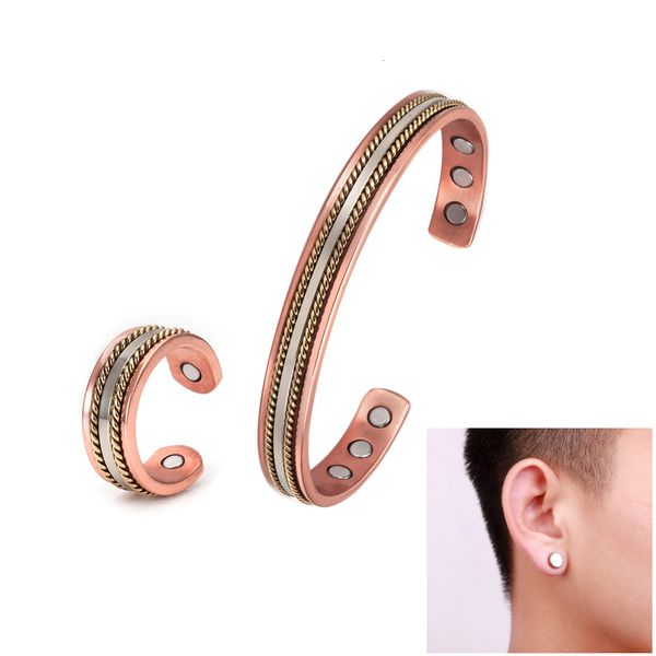 

wedding jewelry sets pure copper jewelry set for women twisted open cuff adjustable magnetic bracelet earrings arthritis therapy ring 230225, Slivery;golden