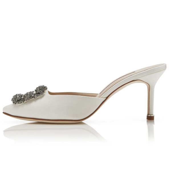

fashion elegant women's sandals pumps hangisimu 70 mm off-white black satin jewel buckle mules italy slingback pointed toes designer sa