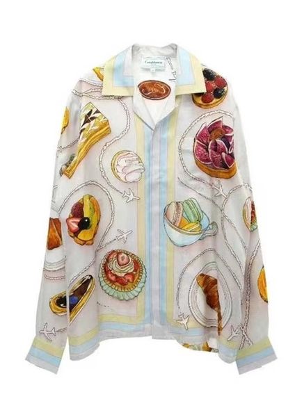 

23ss new casablanca silk casual shirt men and women gourmet cake travel pattern blue twill silk shirt, White;black