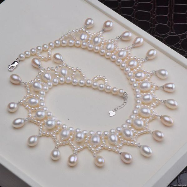

chokers young model fine jewelry women natural pearl necklace collarbone chain tassel retro baroque collar rice grain sterling sil 230225, Golden;silver