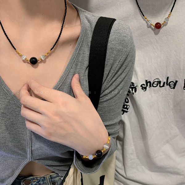 

fine jewellery wear pretty red agate transfer beads couple woven rope necklace designed by female minority high sense collar chain pendant l, Black