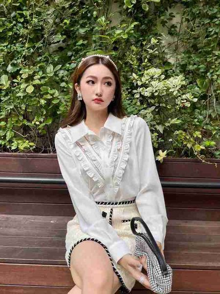 

women's blouses & shirts designer shenzhen nanyou high-end fashionable large v agaric lace patchwork hollowed-out long-sleeved shirt aw, White