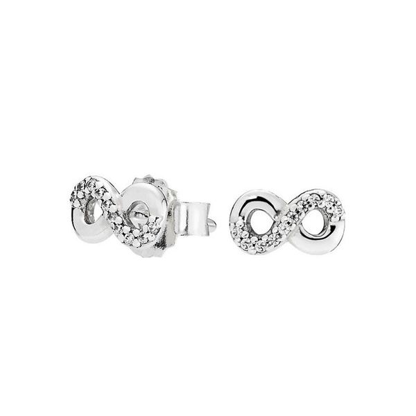 

real sterling silver sparkling infinity stud earrings for pandora fashion wedding party jewelry for women girlfriend gift cz diamond earring, Golden;silver