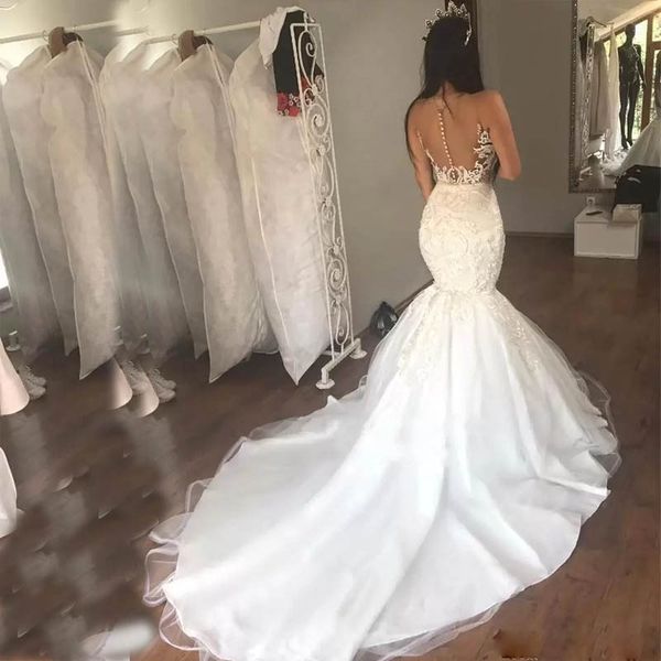 

lace illusion bodice mermaid wedding dresses sheer wedding dress applique mermaid bridal dresses, White
