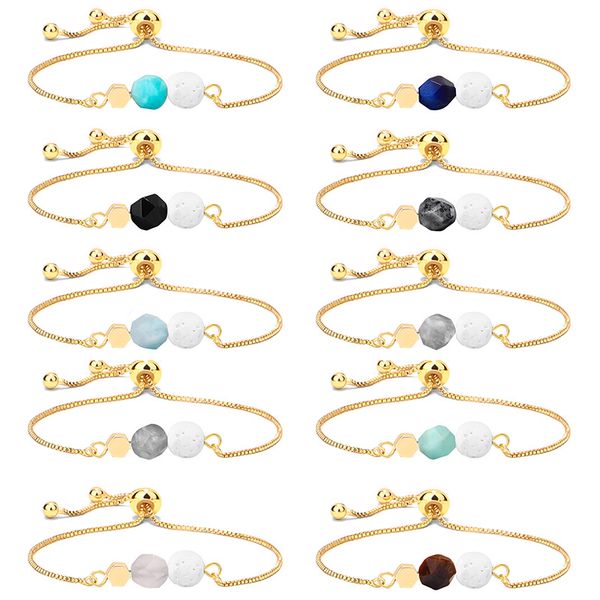 

10 colors handmade volcanic stone beaded bracelet 14k gold adjustable box chain rope beads tiger eye yoga energry anxiety relief jewelry acc, Black