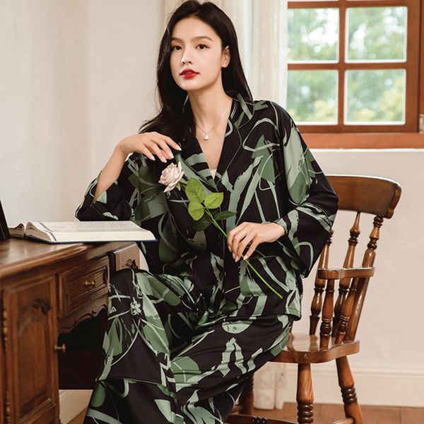 

womens sleepwear qsrocio pajamas set floral print silk like loose casual fashion homewear nightwear femme 230227, Black;red