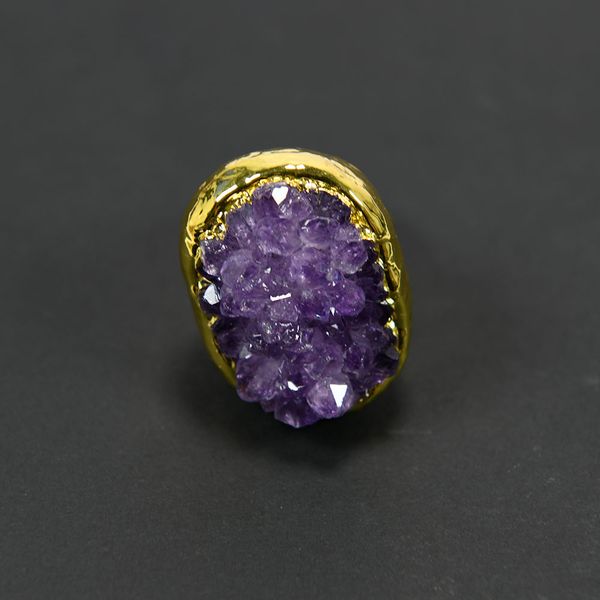 

natural amethsyt druzy rough cluster om shape gold color electroplated ring adjustable lady simple gifts, Golden;silver