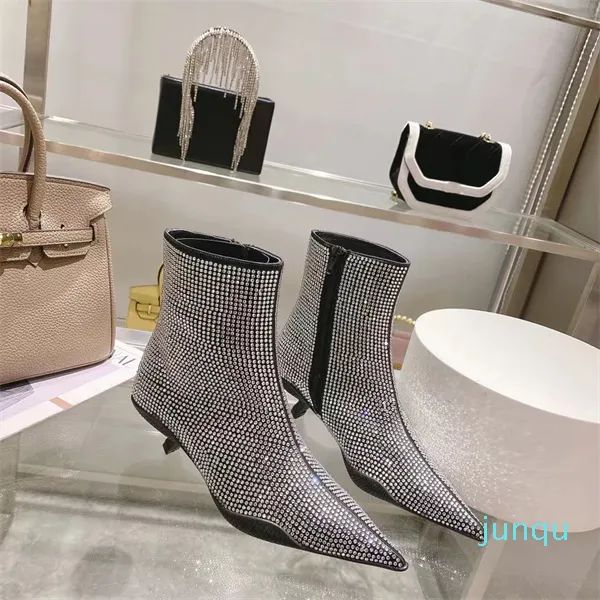 

23ss r cross satin crystals boots all-over synthetic crystals luxury jointly women's bottom non-slip ankle boots color size 61, Black
