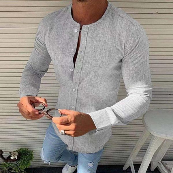 

men's casual shirts drop ship solid cotton and hemp round neck long sleeve men's shirt 230227, White;black