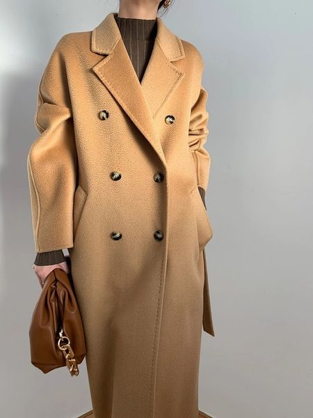 

women's wool blends winter 20 cashmere coat female midlength loose black women ripple fashion autumn double breasted camel red 230227