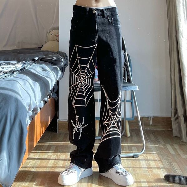 

women's jeans mingliusili y2k denim trousers women spring fashion high street baggy jeans oversize streetwear e girl print black pants, Blue