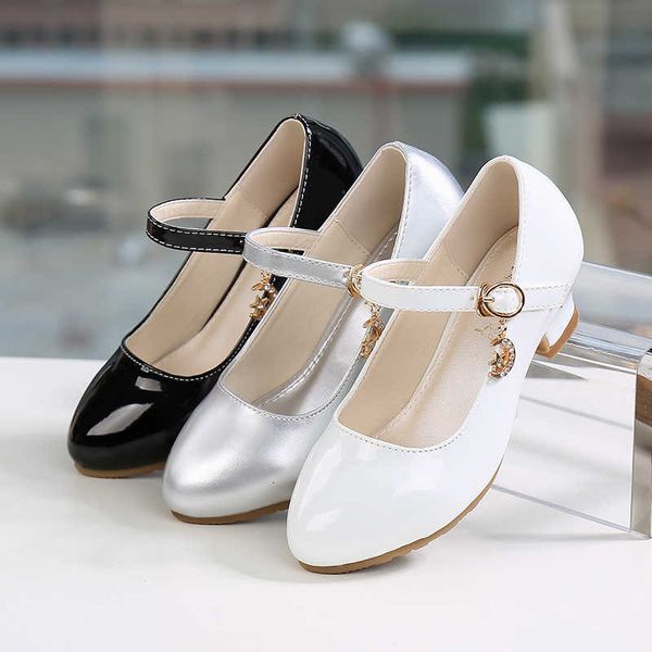 

2023 spring and autumn new flash pink girls' high-heeled princess shoes korean version students' white performance shoes chil1en&#, Black