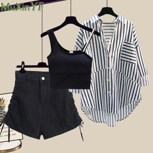 

womens two piece pants summer womens clothing set 2023 korean lady casual loose stripe shirt black vest denim short pants outfits student st, White