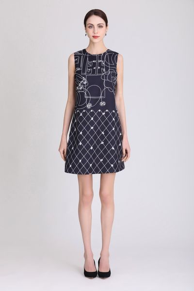 

casual dress dress original designer handmade beaded grid pattern print stitching spring and summer short sleeve loose round neck dress, Black;gray