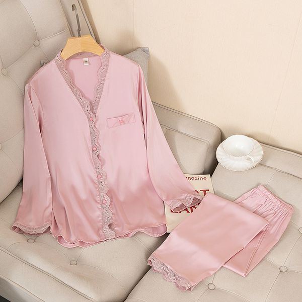 

women's sleepwear women sleepwear satin pyjamas silky 2 piece pajamas set loungewear casual solid nightwear shirt pants spring bathrobe, Black;red