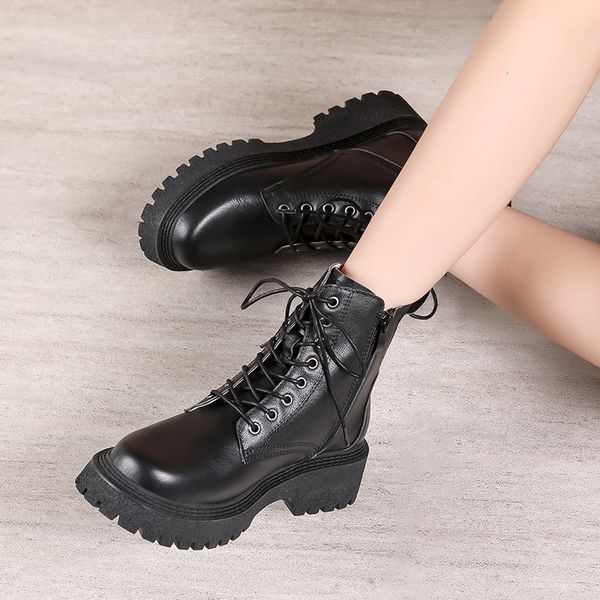 

boots cowhide martin women british style ankle spring and autumn single thick soles brown vintage 230227, Black