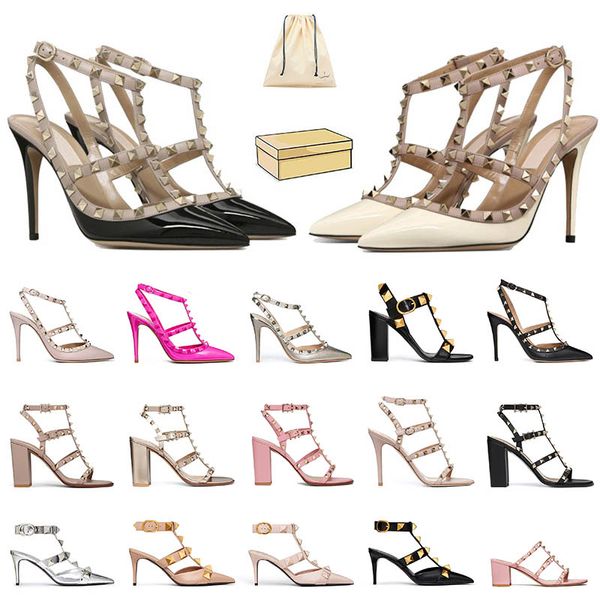 

2023 new fashion sandals dress shoes high heels leather rivet black peep-toes slides designer women for wedding party lady dhgate sandal hee