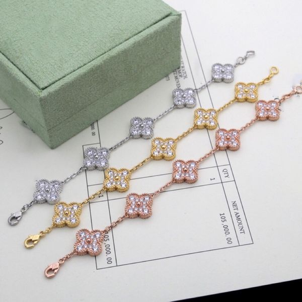 

luxury designer jewelry four eaf clover chain bracelet 18k gold agate flower chain jewelry lucky lady and girl couple holiday party gift 01, Golden;silver