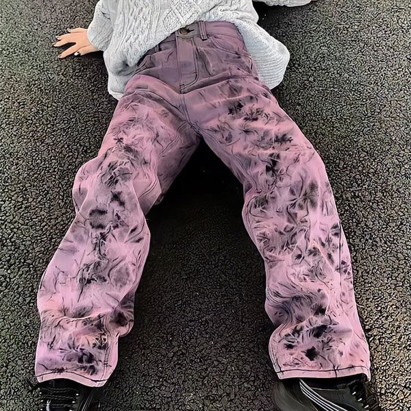 

women's jeans oversized high waisted jeans women baggy purple pants korean fashion vintage streetwear tie dye straight wide leg denim t, Blue