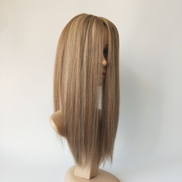 

stock t10-10hls22# jewish kosher wigs small layer style 1 blonde hightlights dark root mongolian virgin hair 4*4 silk 140% density sheitels, Black;brown